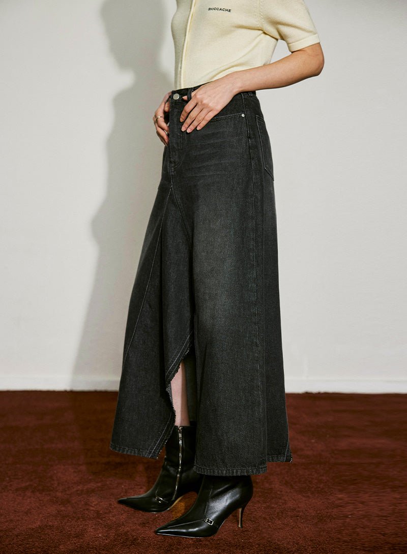 Asymmetric Slit Denim Maxi Skirt - SHICCACHE