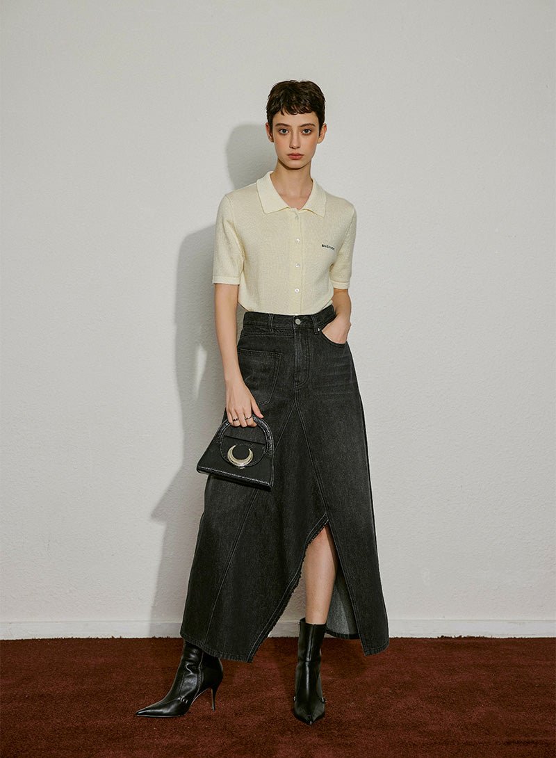 Asymmetric Slit Denim Maxi Skirt - SHICCACHE