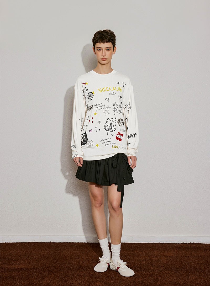 Doodle Print Long Sleeve Tee - SHICCACHE