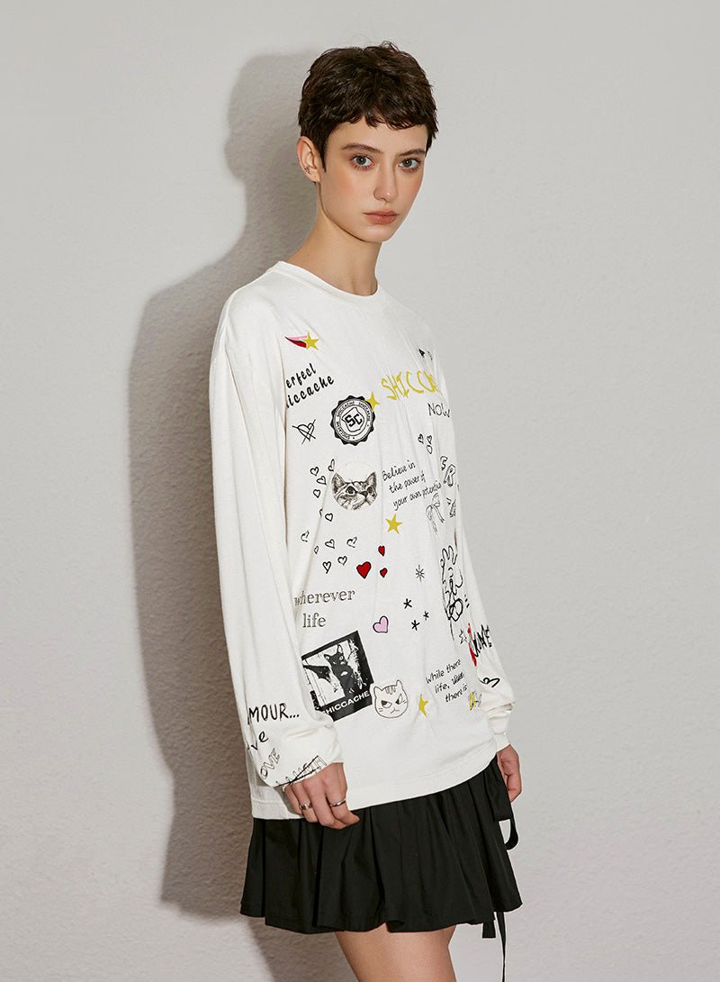 Doodle Print Long Sleeve Tee - SHICCACHE