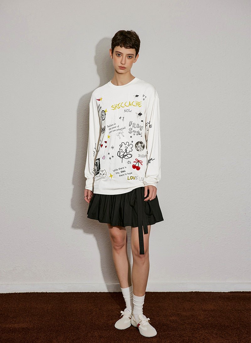 Doodle Print Long Sleeve Tee - SHICCACHE
