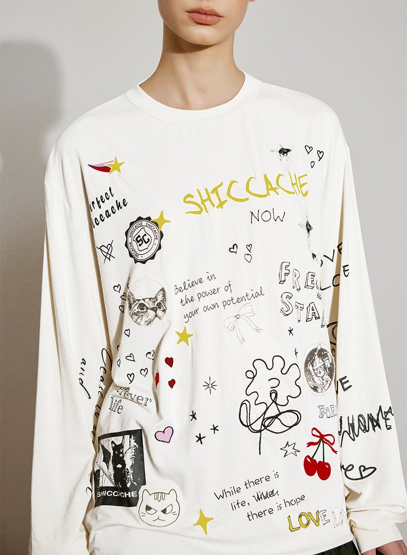 Doodle Print Long Sleeve Tee - SHICCACHE