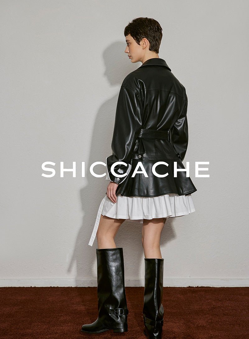 Faux Leather Belted Jacket Dress - SHICCACHE