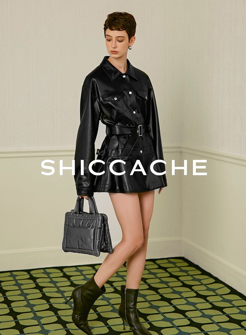 Faux Leather Belted Jacket Dress - SHICCACHE