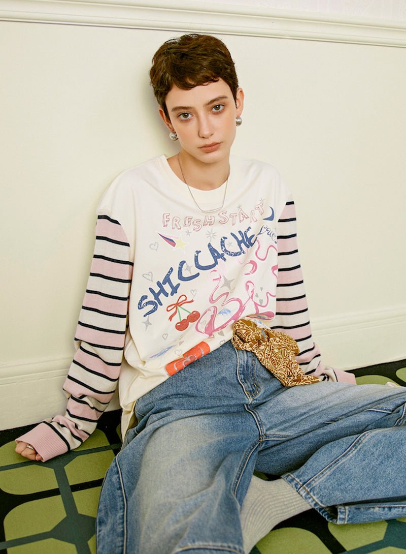 Mixed Media Graphic Long Sleeve Tee - SHICCACHE