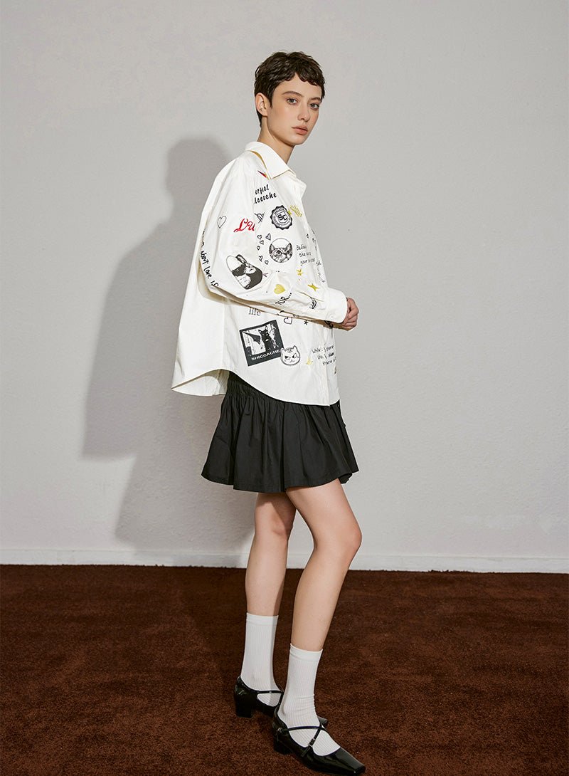 Playful Graphic Embroidery Cotton Shirt - SHICCACHE
