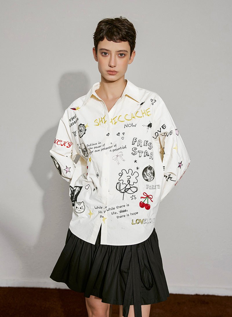 Playful Graphic Embroidery Cotton Shirt - SHICCACHE
