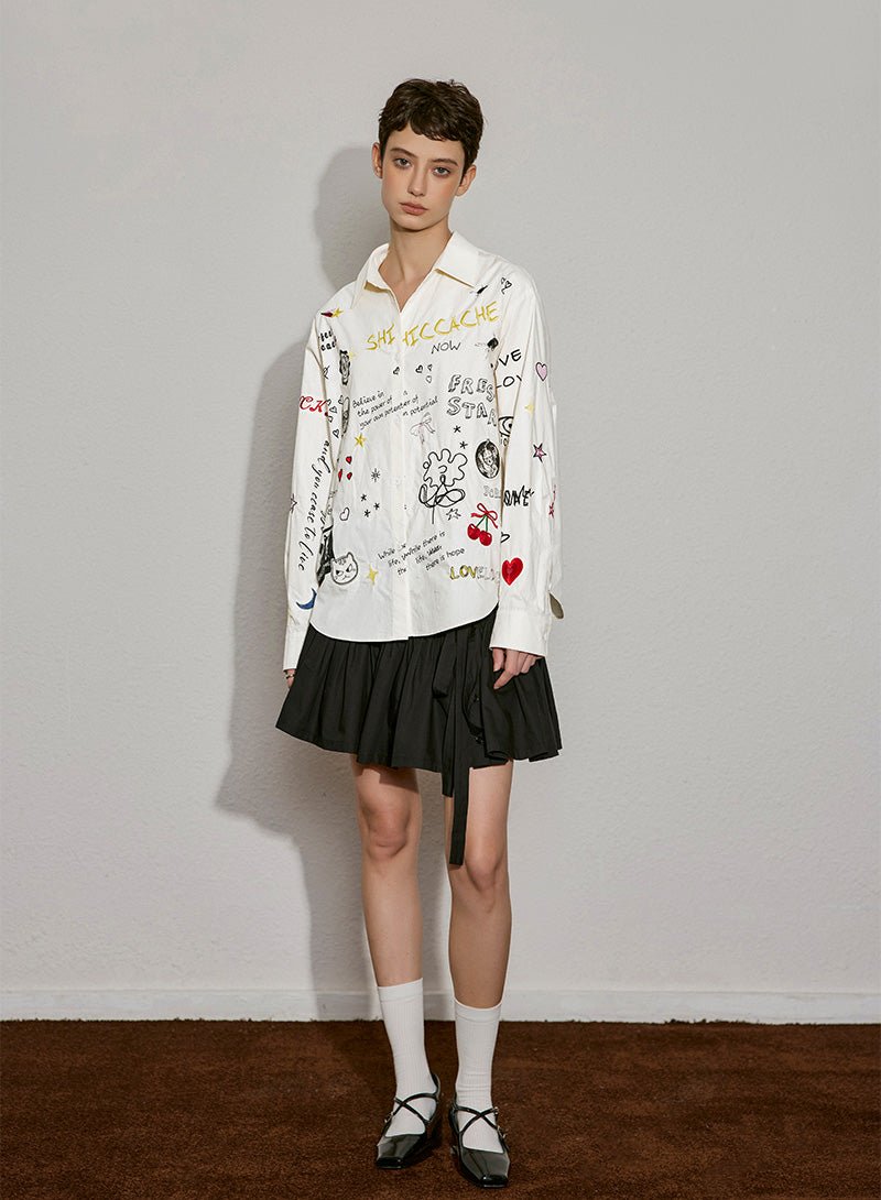 Playful Graphic Embroidery Cotton Shirt - SHICCACHE