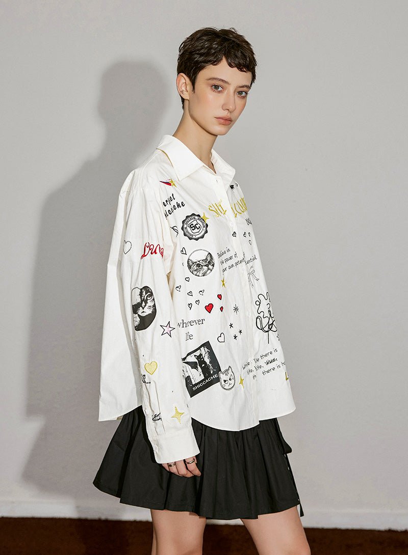 Playful Graphic Embroidery Cotton Shirt - SHICCACHE