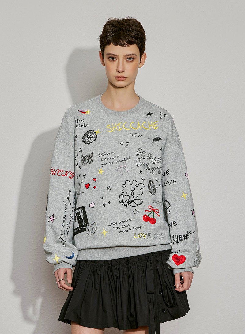 Playful Sketch Embroidered Sweatshirt - SHICCACHE