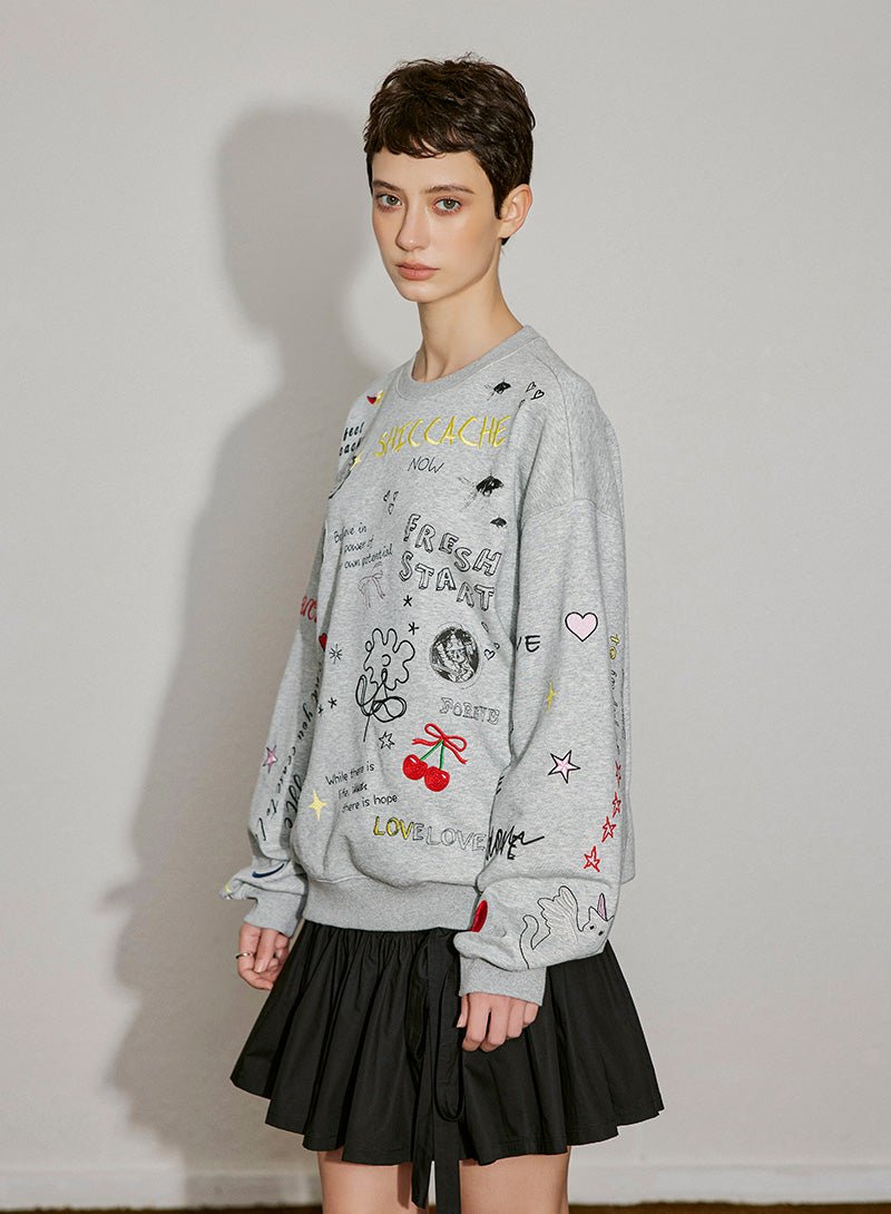 Playful Sketch Embroidered Sweatshirt - SHICCACHE
