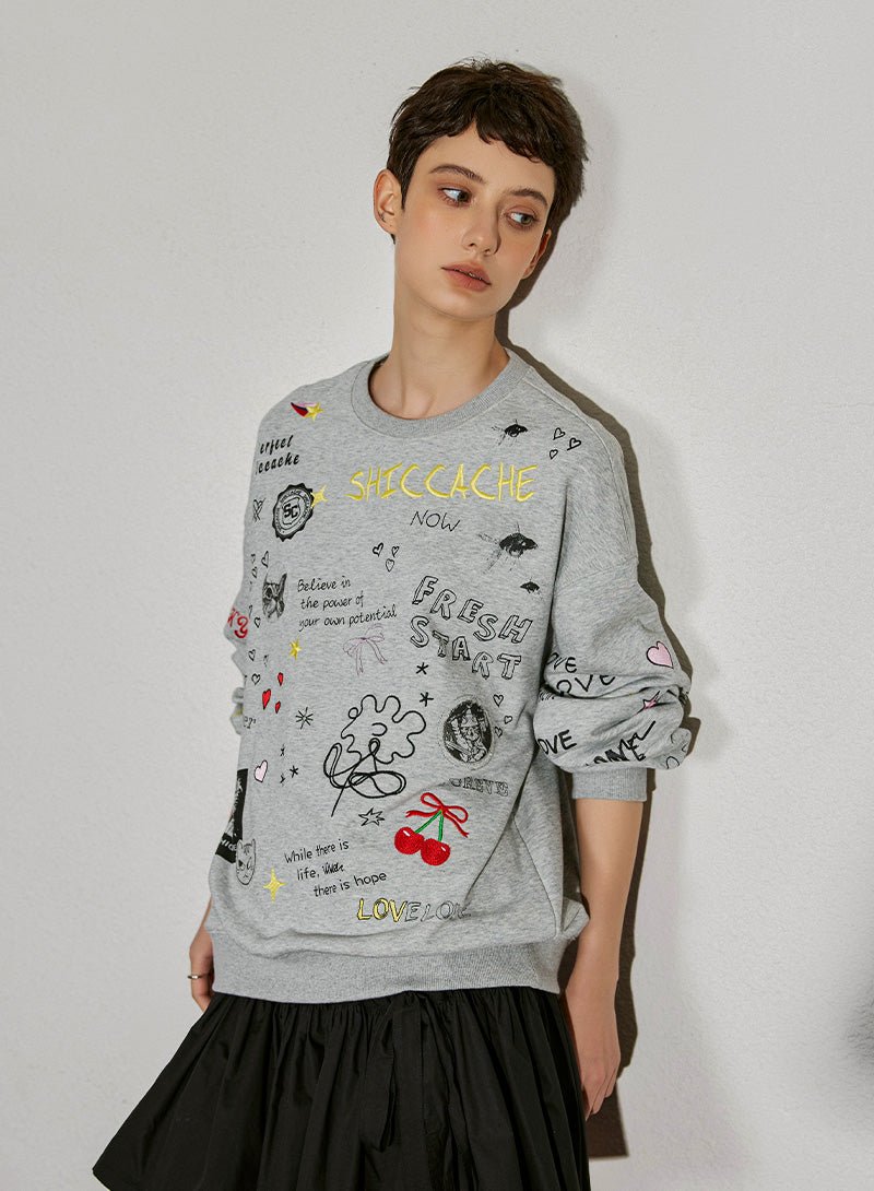 Playful Sketch Embroidered Sweatshirt - SHICCACHE