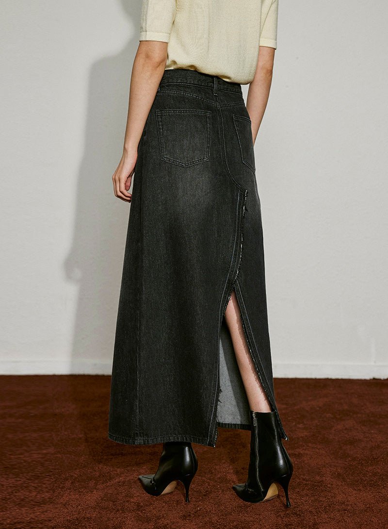 Asymmetric Slit Denim Maxi Skirt - SHICCACHE