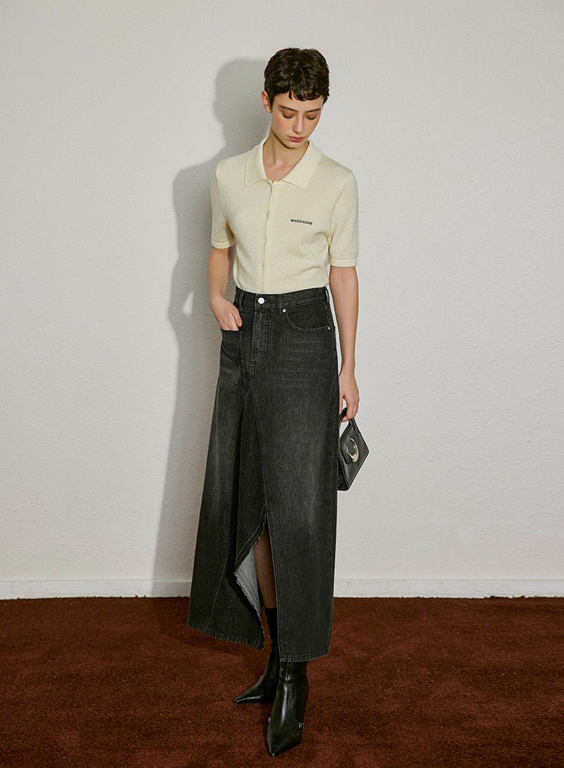 Asymmetric Slit Denim Maxi Skirt - SHICCACHE