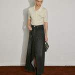 Asymmetric Slit Denim Maxi Skirt - SHICCACHE