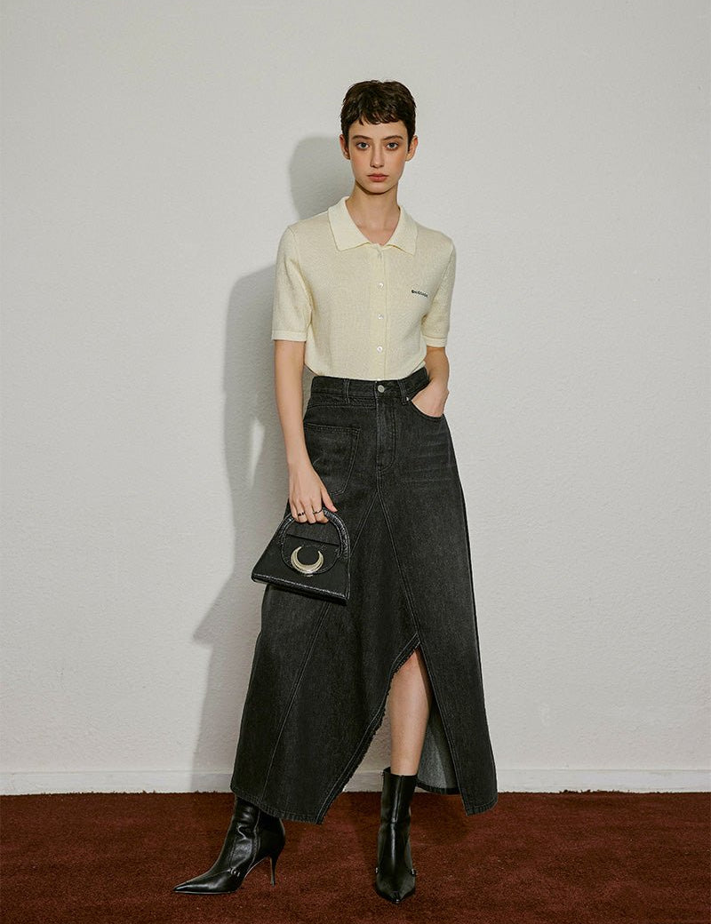 Asymmetric Slit Denim Maxi Skirt - SHICCACHE
