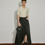 Asymmetric Slit Denim Maxi Skirt - SHICCACHE