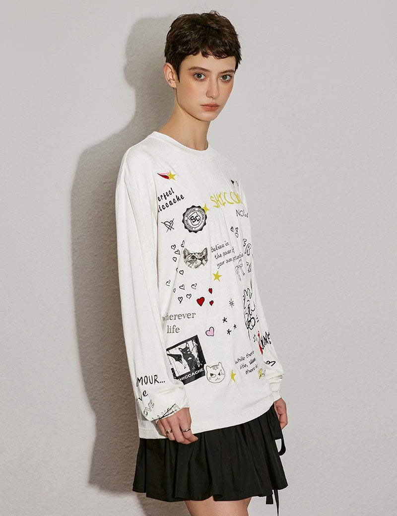 Doodle Print Long Sleeve Tee - SHICCACHE
