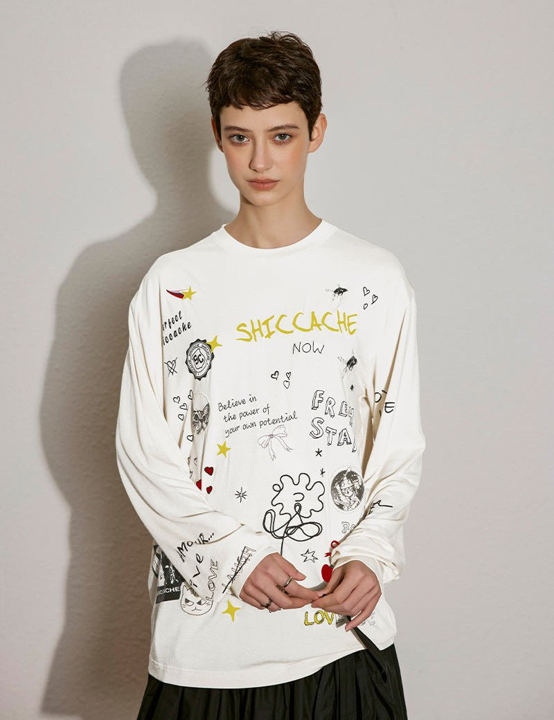 Doodle Print Long Sleeve Tee - SHICCACHE