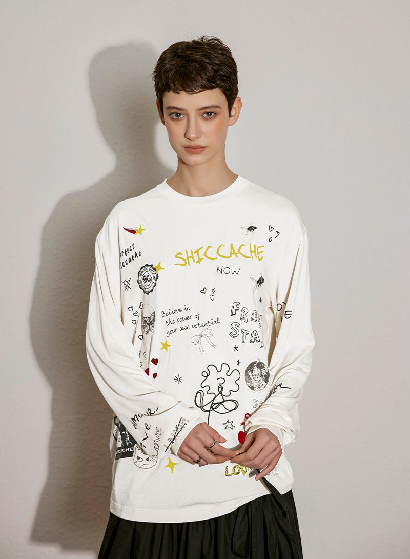 Doodle Print Long Sleeve Tee - SHICCACHE