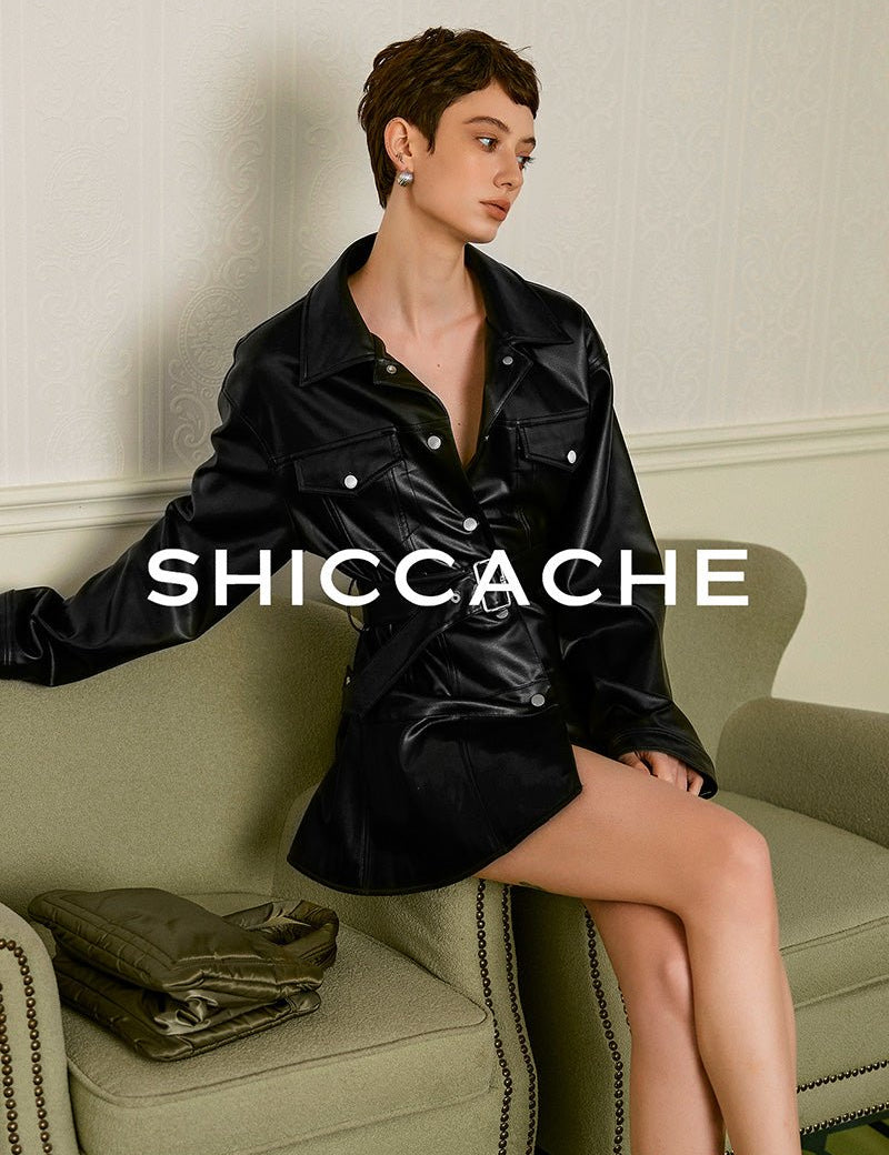 Faux Leather Belted Jacket Dress - SHICCACHE