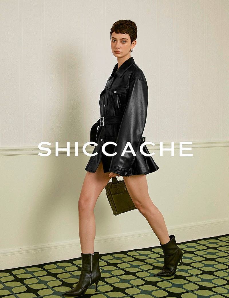 Faux Leather Belted Jacket Dress - SHICCACHE