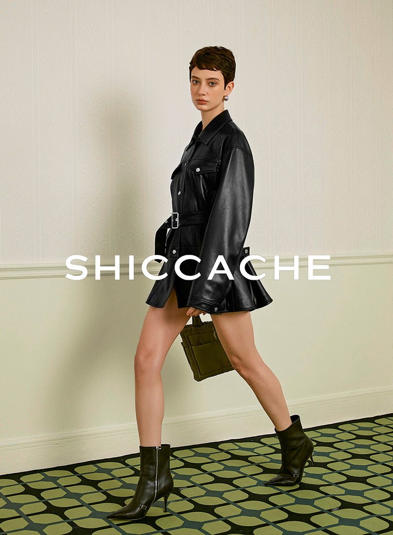 Faux Leather Belted Jacket Dress - SHICCACHE