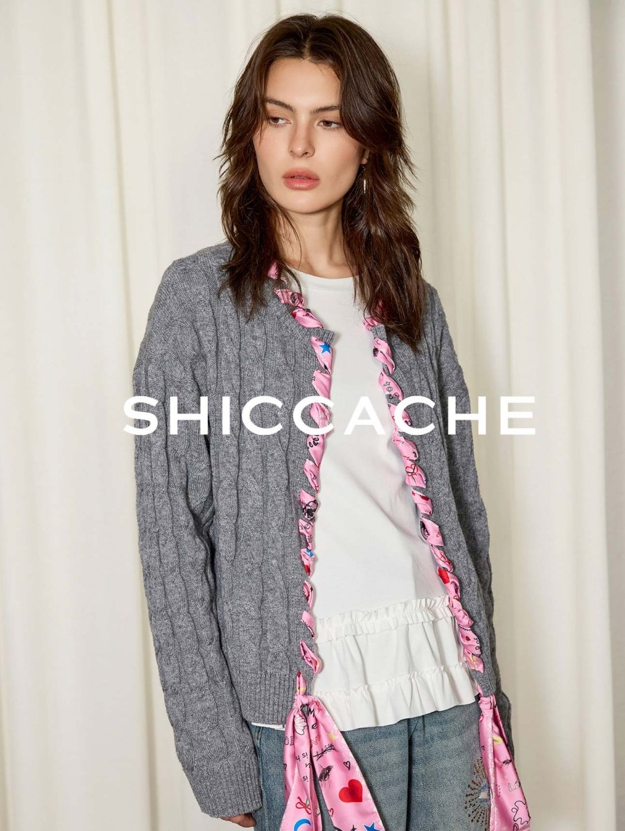 Grey Cable Knit Cardigan with Printed Silk Trim - SHICCACHE