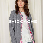Grey Cable Knit Cardigan with Printed Silk Trim - SHICCACHE