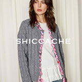 Grey Cable Knit Cardigan with Printed Silk Trim - SHICCACHE