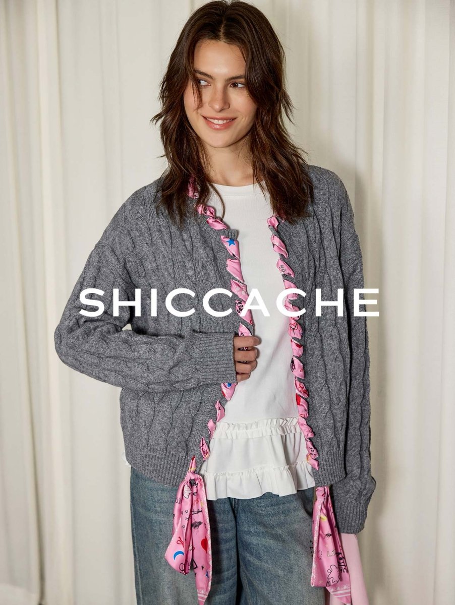 Grey Cable Knit Cardigan with Printed Silk Trim - SHICCACHE