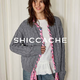 Grey Cable Knit Cardigan with Printed Silk Trim - SHICCACHE