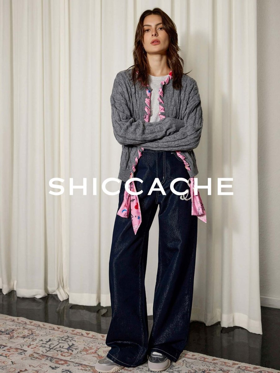 Grey Cable Knit Cardigan with Printed Silk Trim - SHICCACHE