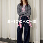 Grey Cable Knit Cardigan with Printed Silk Trim - SHICCACHE