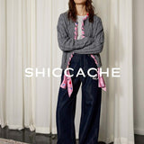 Grey Cable Knit Cardigan with Printed Silk Trim - SHICCACHE