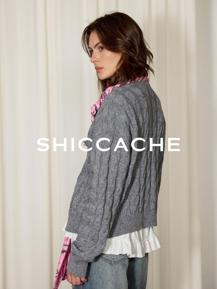 Grey Cable Knit Cardigan with Printed Silk Trim - SHICCACHE