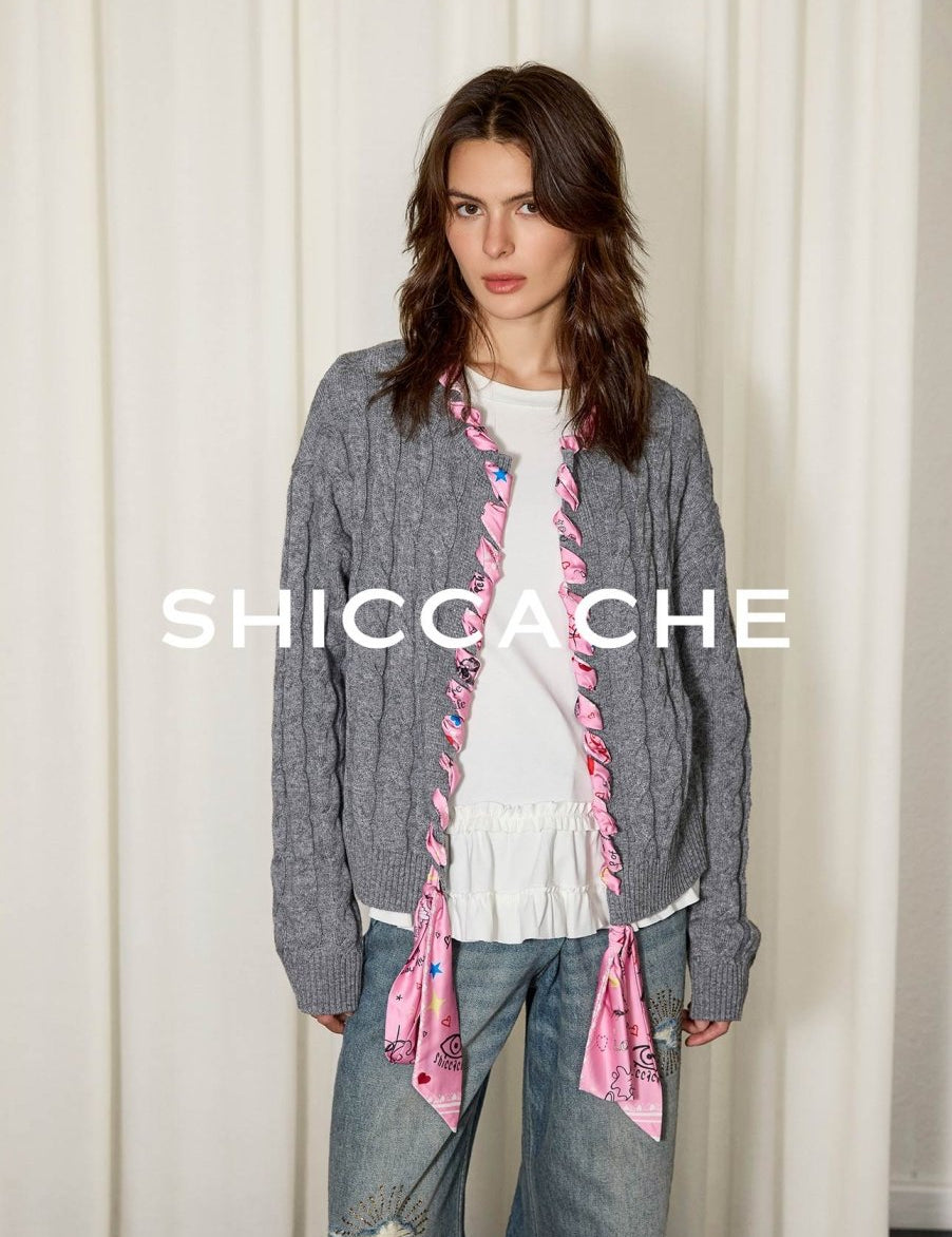 Grey Cable Knit Cardigan with Printed Silk Trim - SHICCACHE