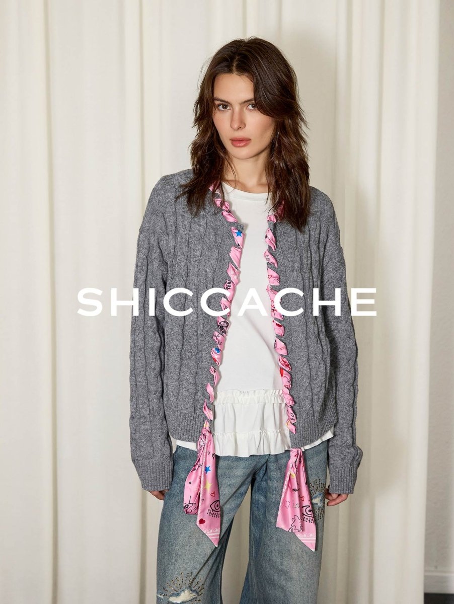 Grey Cable Knit Cardigan with Printed Silk Trim - SHICCACHE