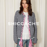 Grey Cable Knit Cardigan with Printed Silk Trim - SHICCACHE