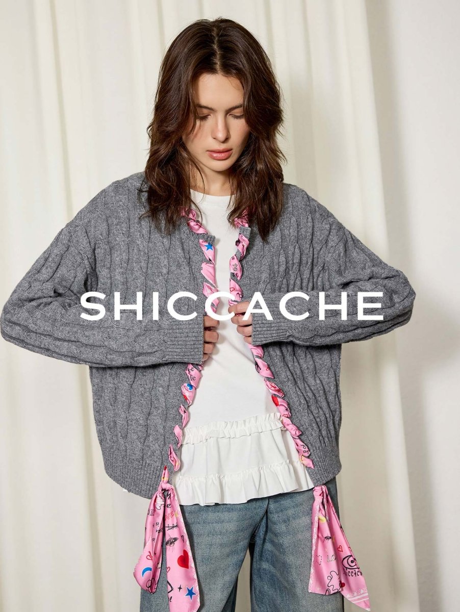 Grey Cable Knit Cardigan with Printed Silk Trim - SHICCACHE