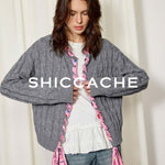 Grey Cable Knit Cardigan with Printed Silk Trim - SHICCACHE