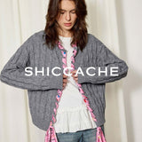Grey Cable Knit Cardigan with Printed Silk Trim - SHICCACHE