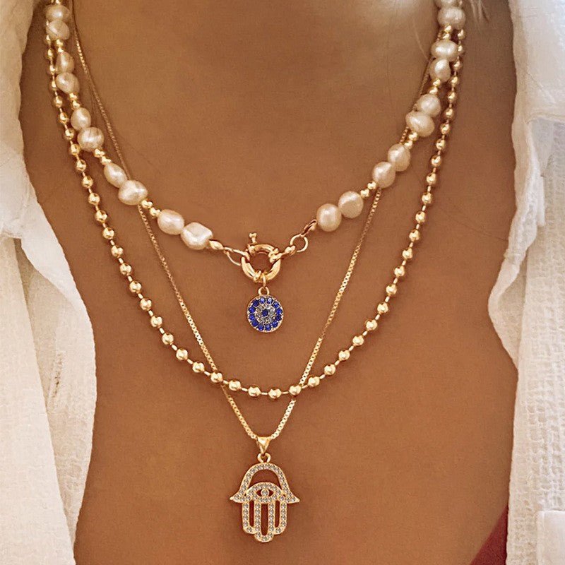 Hamsa & Pearl Harmony Layered Necklace - SHICCACHE