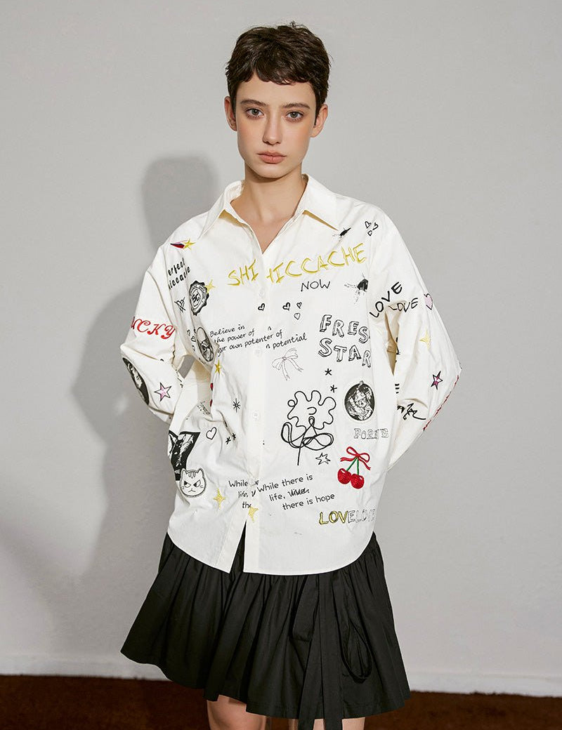 Playful Graphic Embroidery Cotton Shirt - SHICCACHE