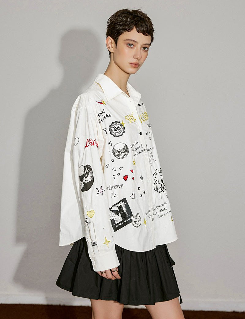 Playful Graphic Embroidery Cotton Shirt - SHICCACHE
