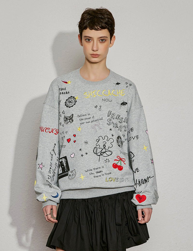 Playful Sketch Embroidered Sweatshirt - SHICCACHE