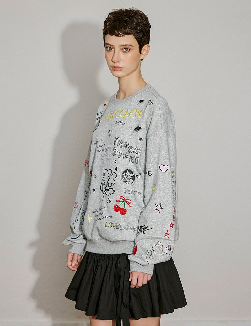 Playful Sketch Embroidered Sweatshirt - SHICCACHE