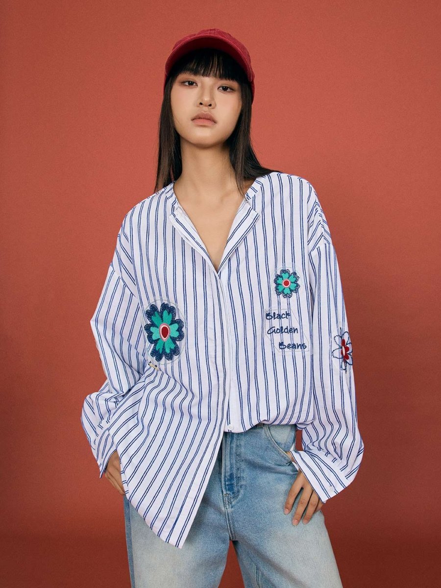 Striped Beaded Collar Blouse - SHICCACHE