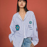 Striped Beaded Collar Blouse - SHICCACHE