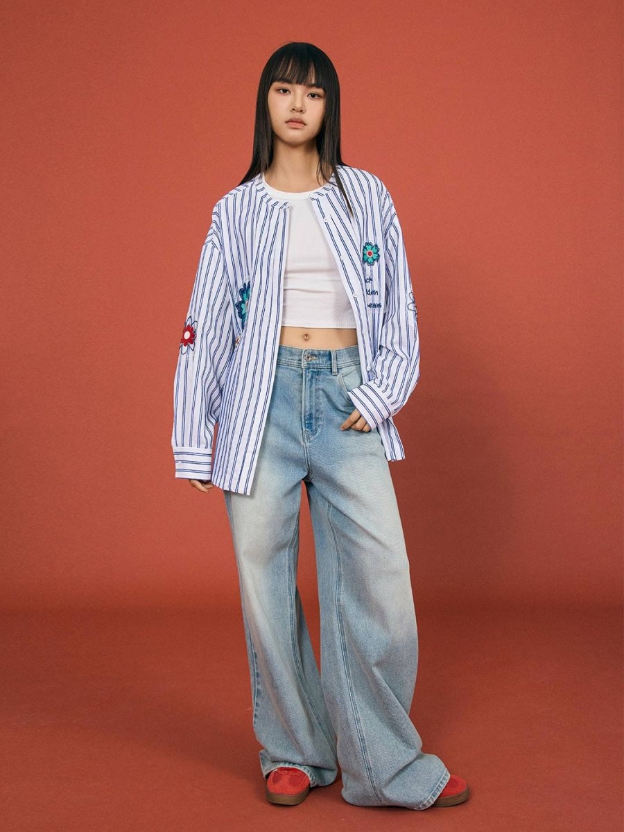 Striped Beaded Collar Blouse - SHICCACHE